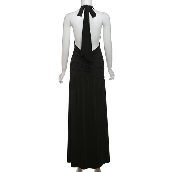 Halter deep v neck ruched backless maxi dress  | Festival Outfits Women