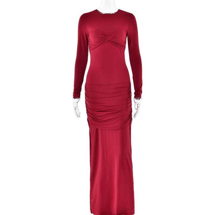 Long sleeve crewneck ruched cross front maxi dress  | Festival Outfits Women