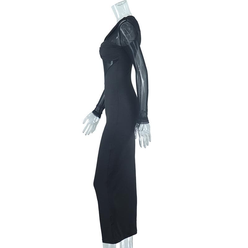Long sleeve irregular patchwork crewneck mesh midi dress  | Festival Outfits Women