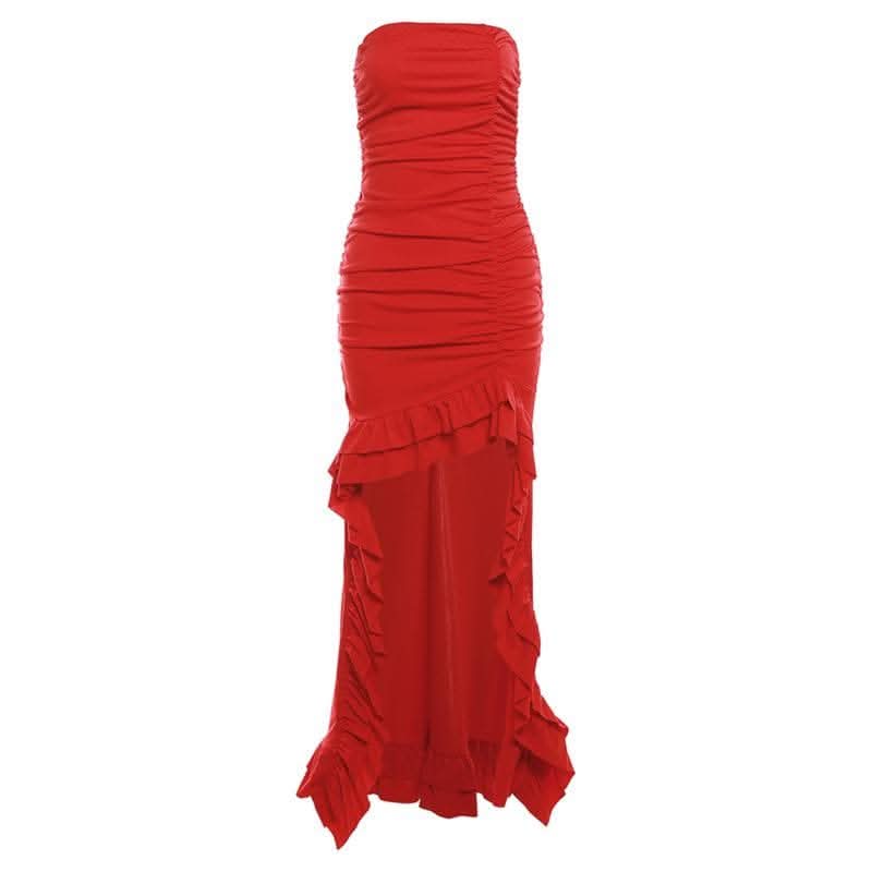 Ruched ruffle solid backless tube maxi dress-final-sale  | Festival Outfits Women