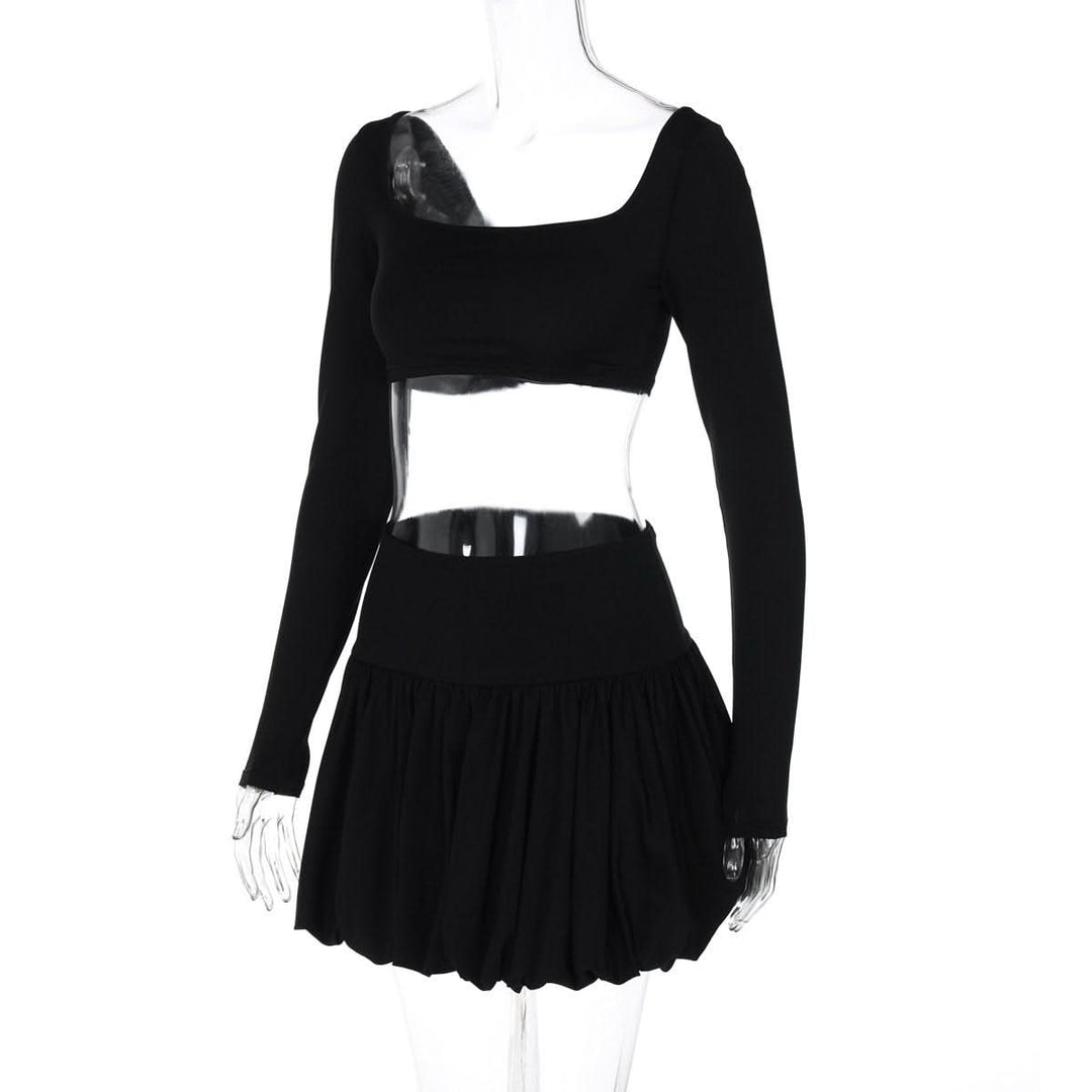Long sleeve square neck ruched solid mini skirt set  | Festival Outfits Women