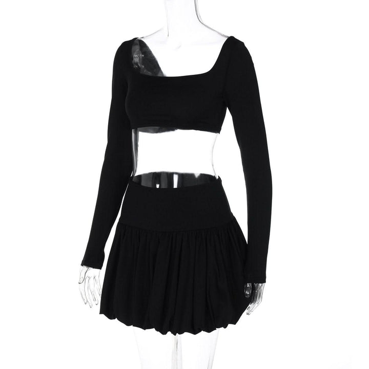 Long sleeve square neck ruched solid mini skirt set  | Festival Outfits Women