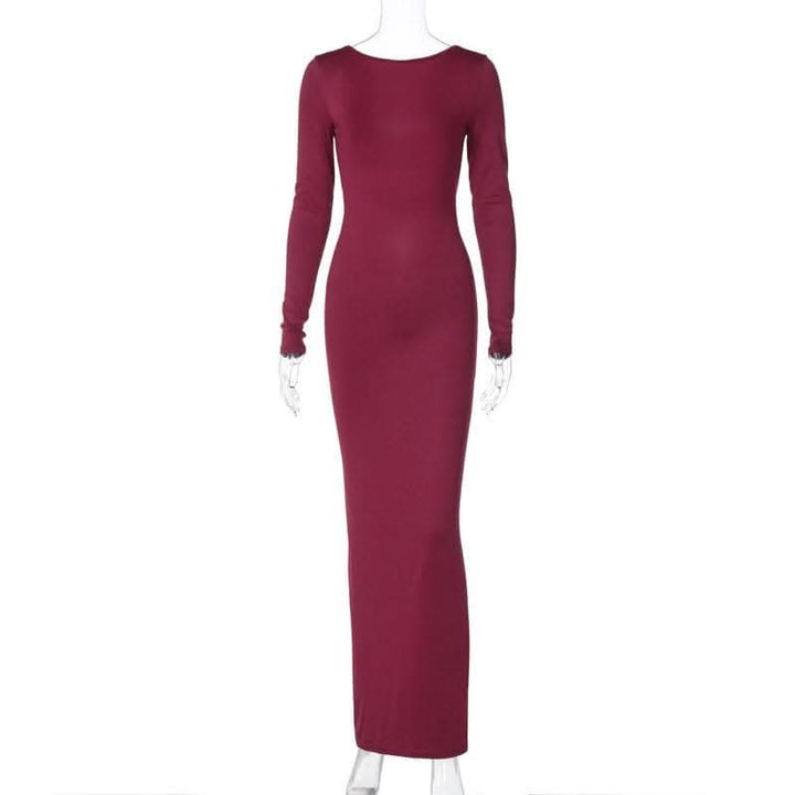 Backless ruched solid long sleeve maxi dress-final-sale  | Festival Outfits Women