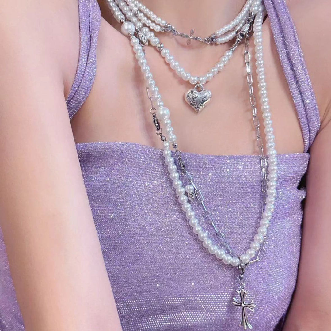 Cross heart star faux pearl 2 pcs necklace  | Festival Outfits Women