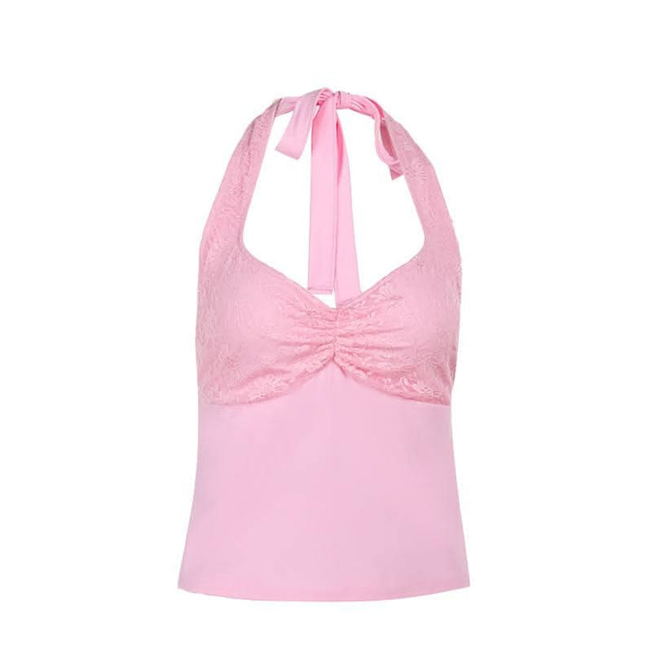 Halter self tie lace v neck ruched backless top  | Festival Outfits Women
