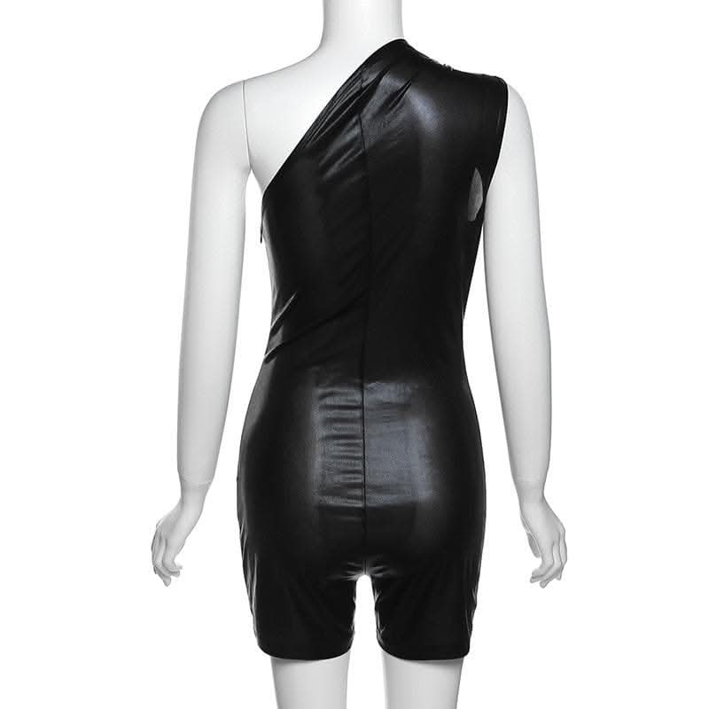 Irregular one shoulder metallic solid zip-up romper-final-sale  | Festival Outfits Women