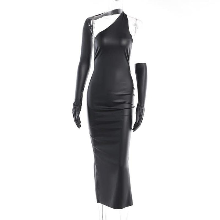 Gloves solid PU leather irregular one shoulder slit midi dress-final-sale  | Festival Outfits Women