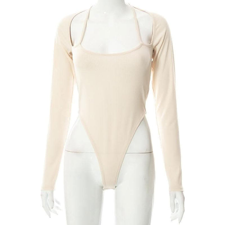 Halter solid ribbed long sleeve low cut bodysuit-final-sale  | Festival Outfits Women