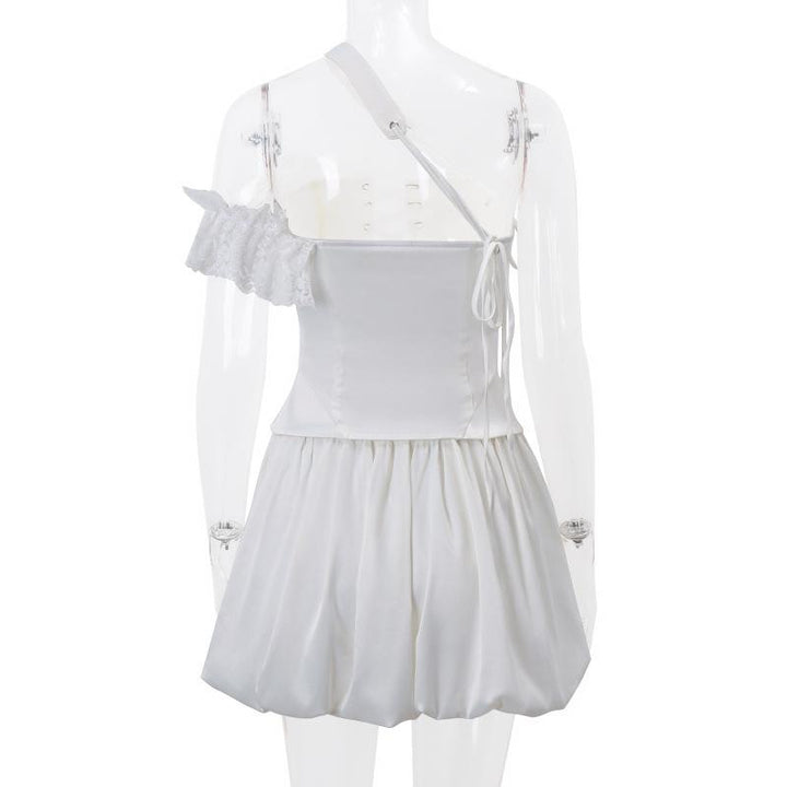 One off shoulder irregular lace up satin ruffle puff skirt set Cargo Mini Skirt  | Festival Outfits Women