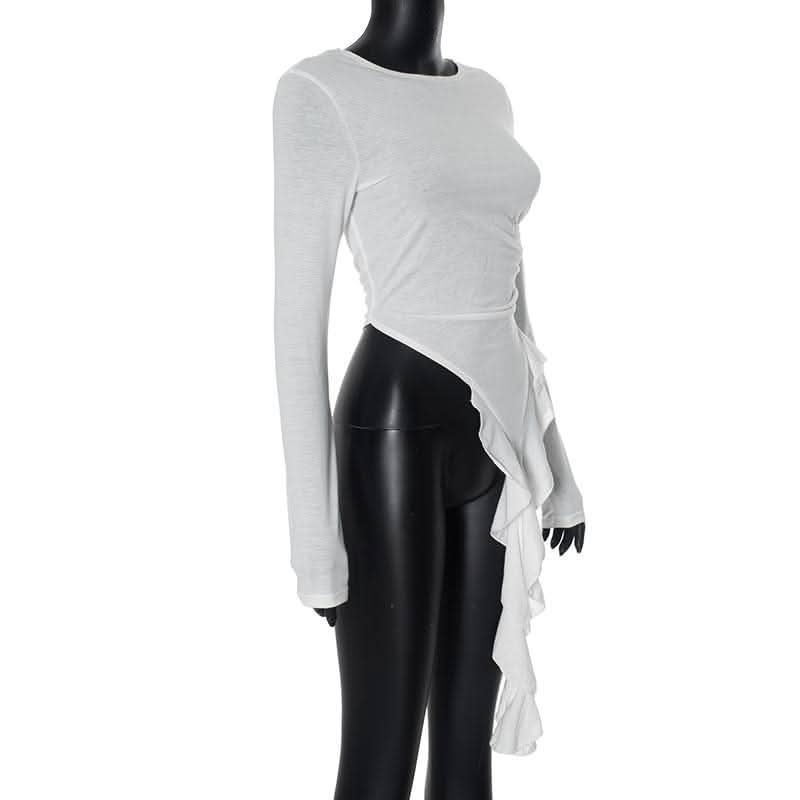Long sleeve ruched irregular ruffle crewneck top-final-sale
