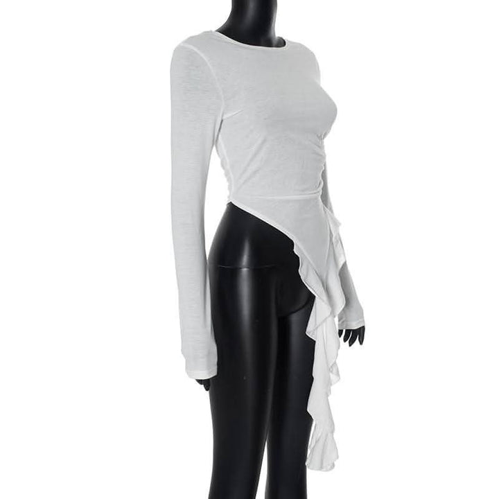 Long sleeve ruched irregular ruffle crewneck top-final-sale