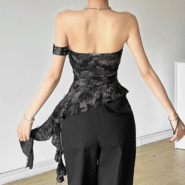 Irregular ruffled sweetheart neck camouflage backless tube top  | Festival Outfits Women-final-sale