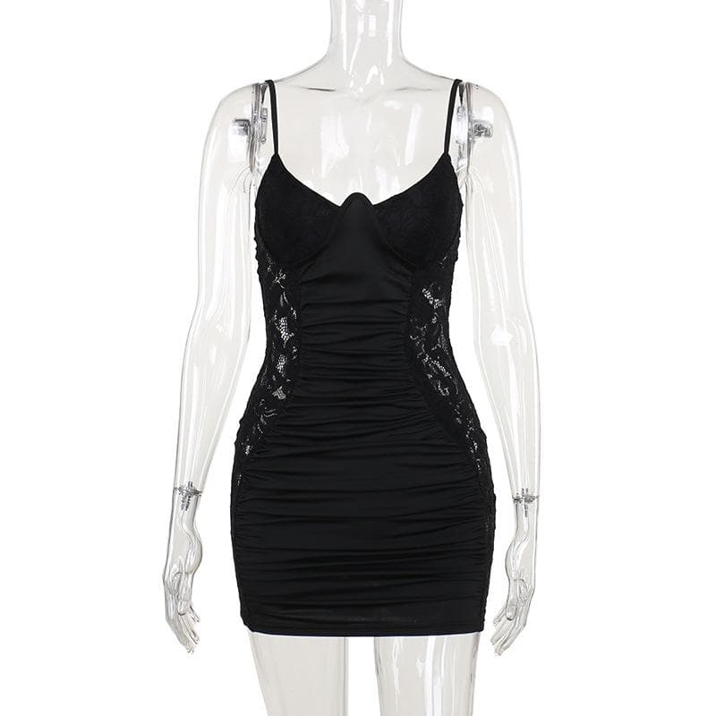 V neck lace ruched backless cami mini dress  | Festival Outfits Women