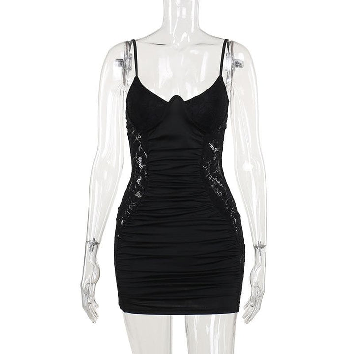 V neck lace ruched backless cami mini dress  | Festival Outfits Women