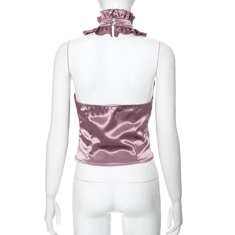 Halter ruffle ruched satin backless top-final-sale  | Festival Outfits Women