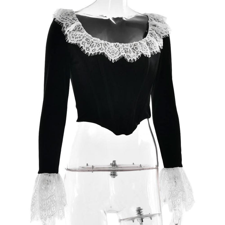 Long flared sleeve lace patchwork velvet zip-up top  | Festival Outfits Women