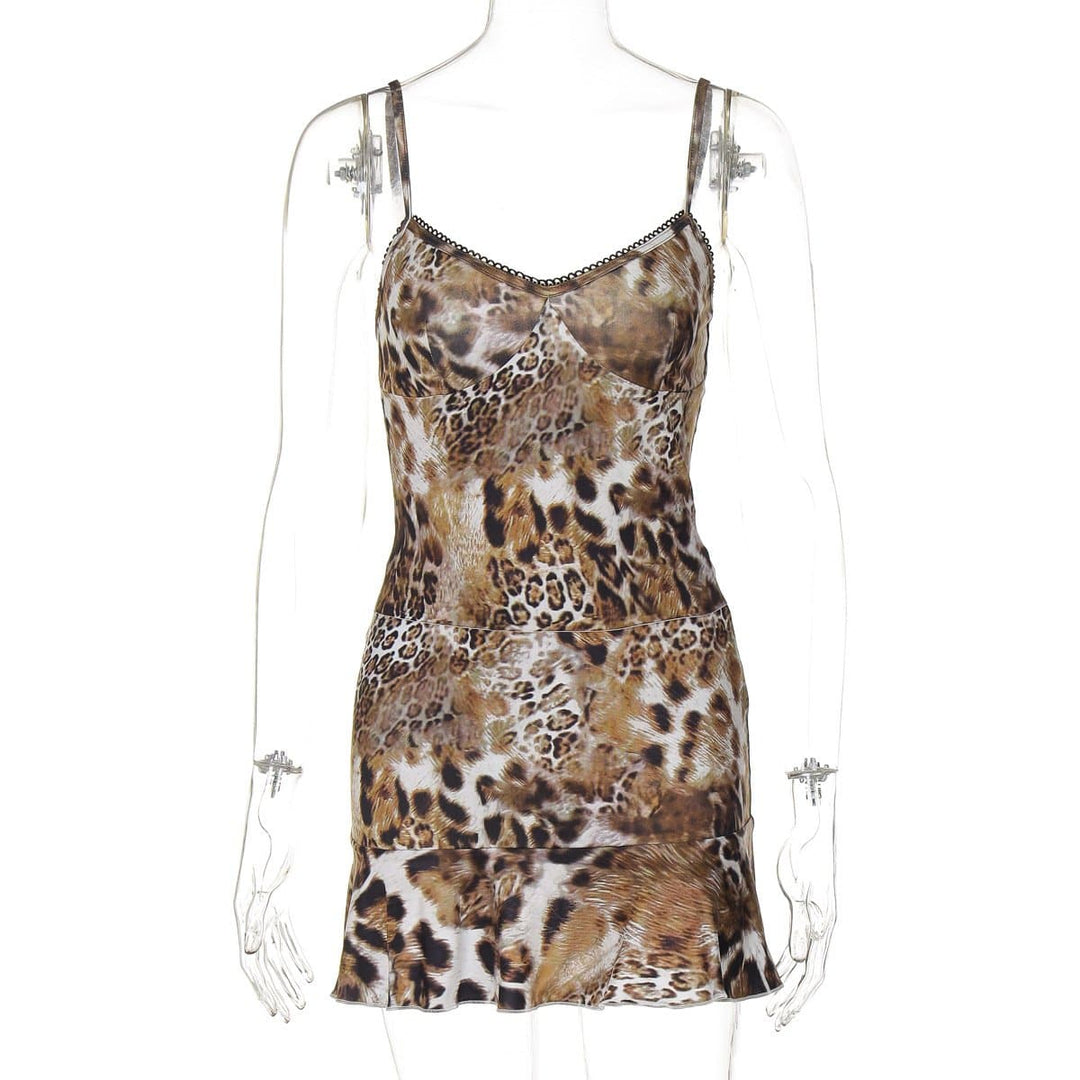 Leopard print v neck lace hem ruffle cami skirt set  | Festival Outfits Women