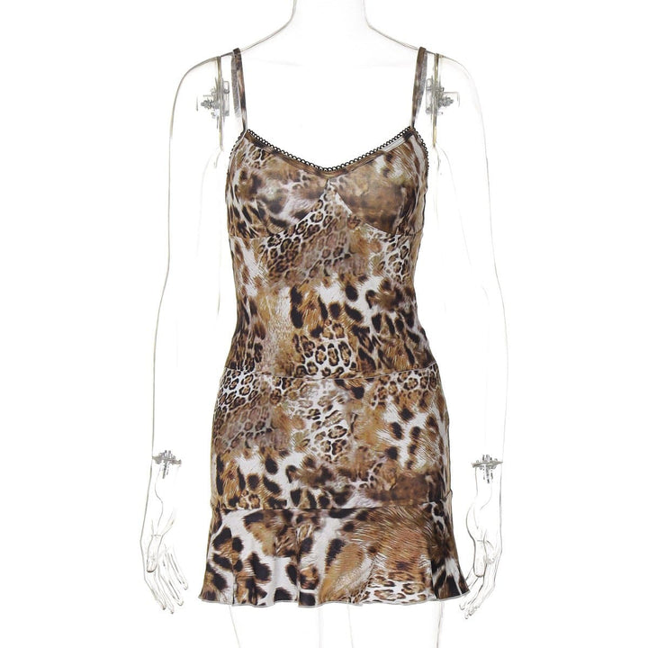Leopard print v neck lace hem ruffle cami skirt set  | Festival Outfits Women