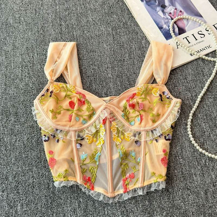 Flower embroidery bustier mesh cami top  | Festival Outfits Women