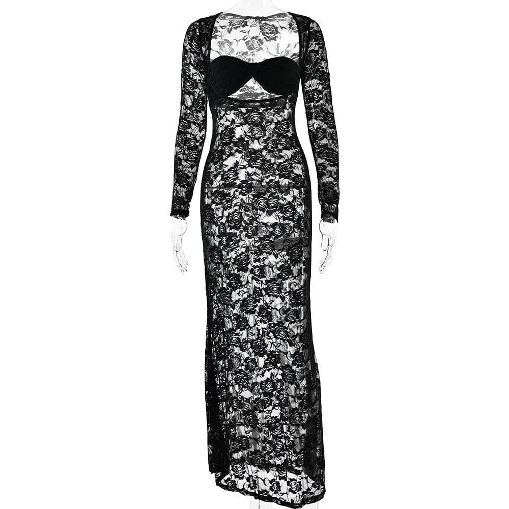 Long sleeve lace see through sweetheart neck maxi dress  | Festival Outfits Women