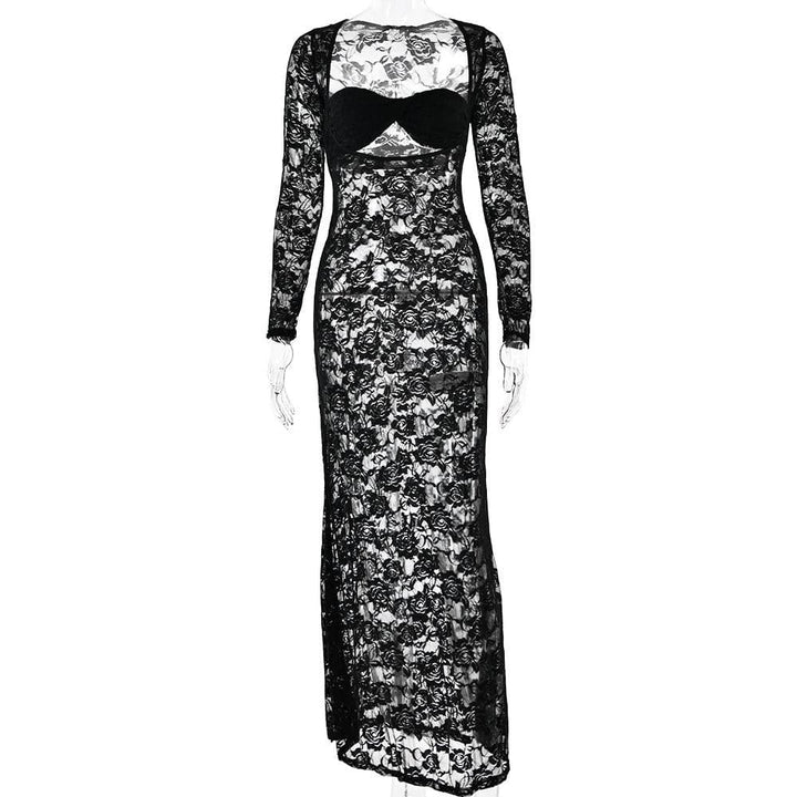 Long sleeve lace see through sweetheart neck maxi dress  | Festival Outfits Women