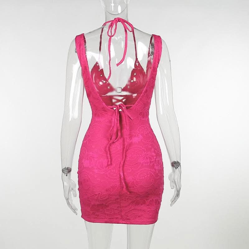 Halter o ring lace up lace backless hollow out solid cut out mini dress-final-sale  | Festival Outfits Women