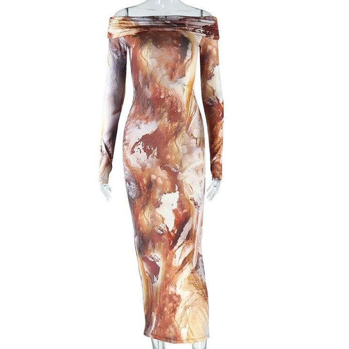 Long sleeve off shoulder ruched tie dye midi dress  | Festival Outfits Women