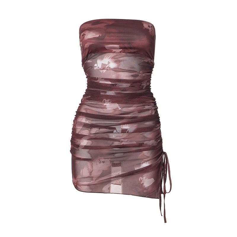 Drawstring tie dye mesh ruched tube mini dress  | Festival Outfits Women