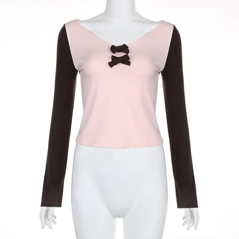 Bowknot contrast patchwork long sleeve v neck top-final-sale  | Festival Outfits Women