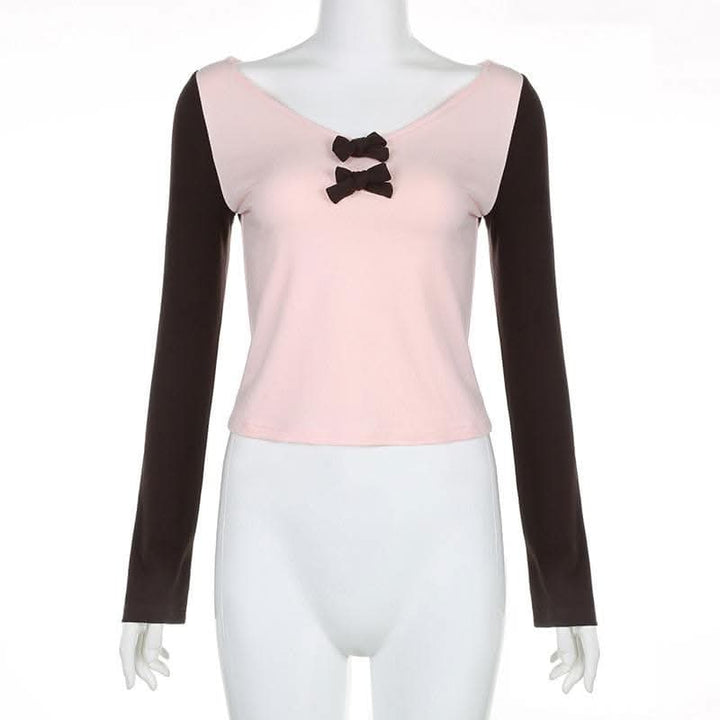 Bowknot contrast patchwork long sleeve v neck top-final-sale  | Festival Outfits Women