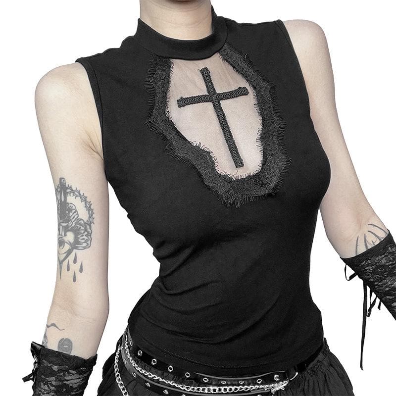 Sleeveless crewneck cross pattern solid top  | Festival Outfits Women