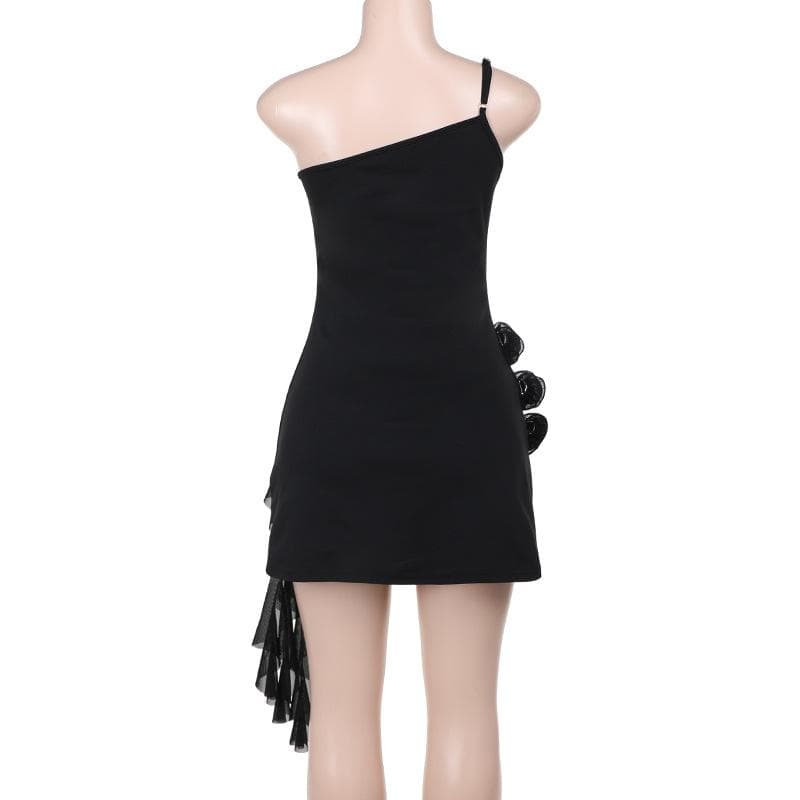 One shoulder ruffle flower applique mini dress  | Festival Outfits Women