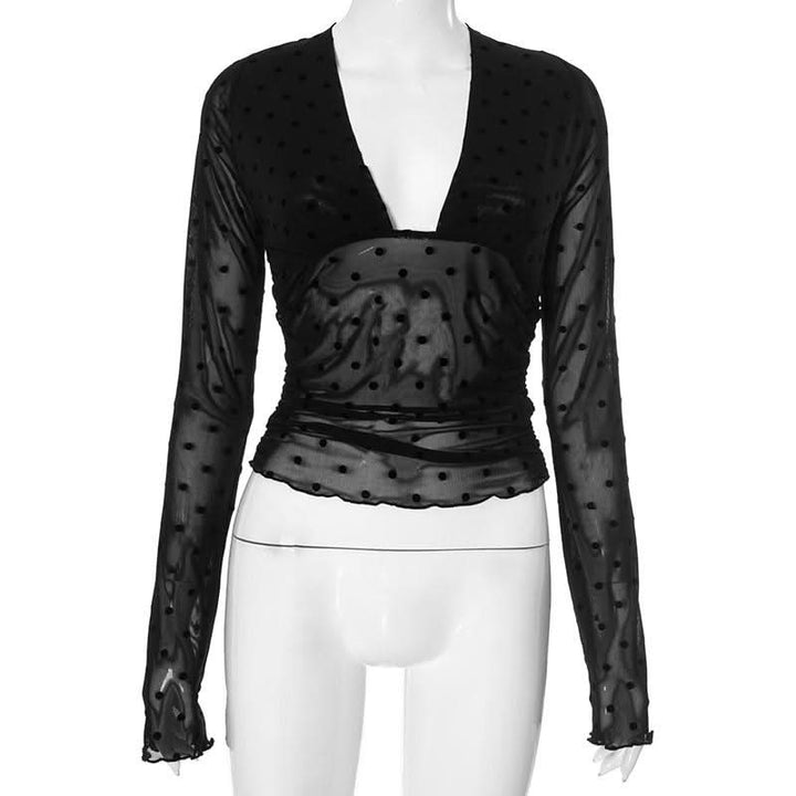 Long sleeve mesh polka dot ruffle solid top  | Festival Outfits Women