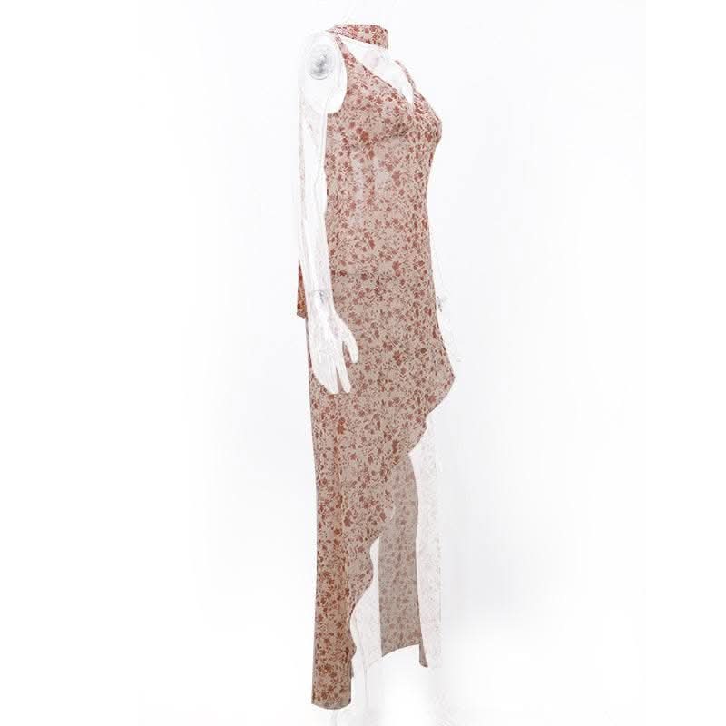 Contrast flower print slit irregular backless midi dress-final-sale  | Festival Outfits Women