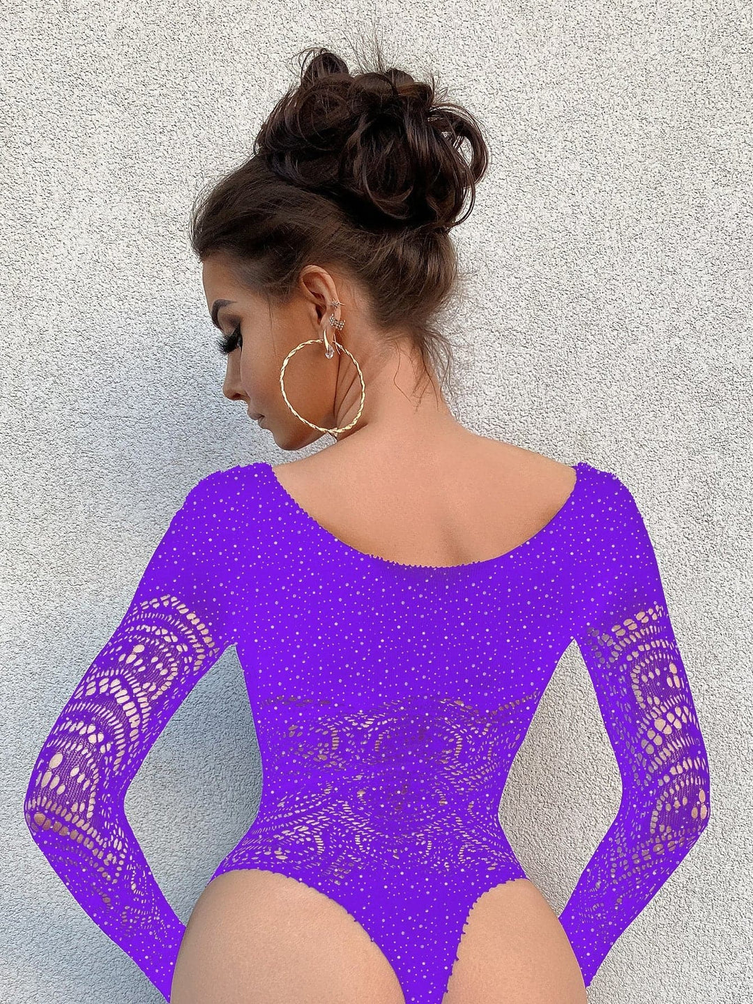 Long sleeve net rhinestone backless bodysuit  | Festival Outfits Women