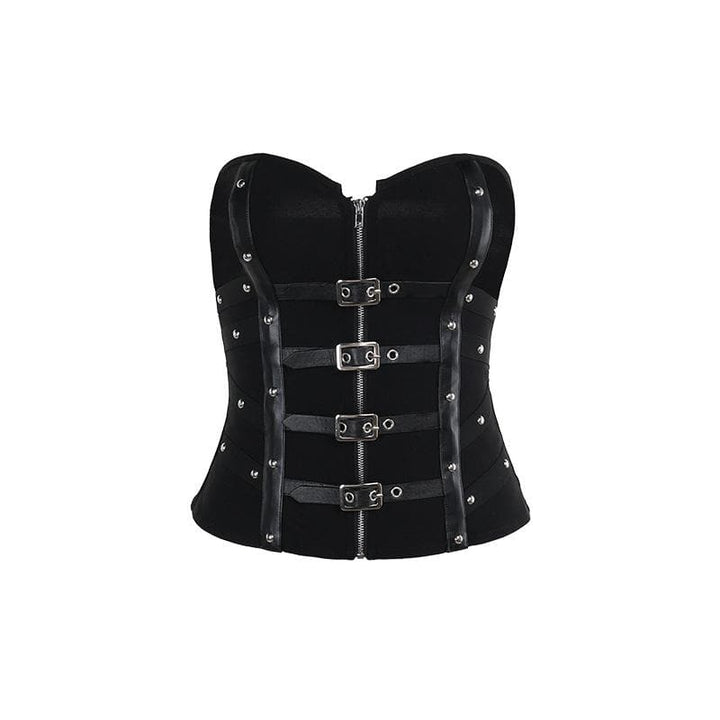 PU leather patchwork buckle zip-up tube top  | Festival Outfits Women