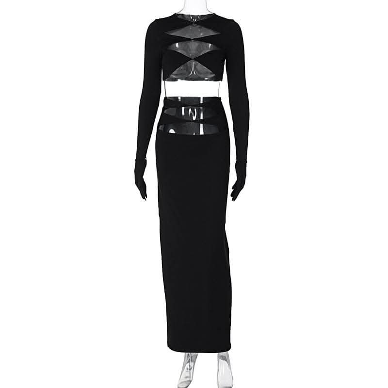 Long sleeve crewneck gloves hollow out solid maxi skirt set-final-sale  | Festival Outfits Women