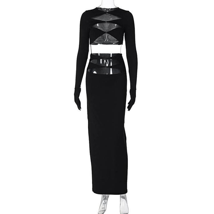 Long sleeve crewneck gloves hollow out solid maxi skirt set-final-sale  | Festival Outfits Women