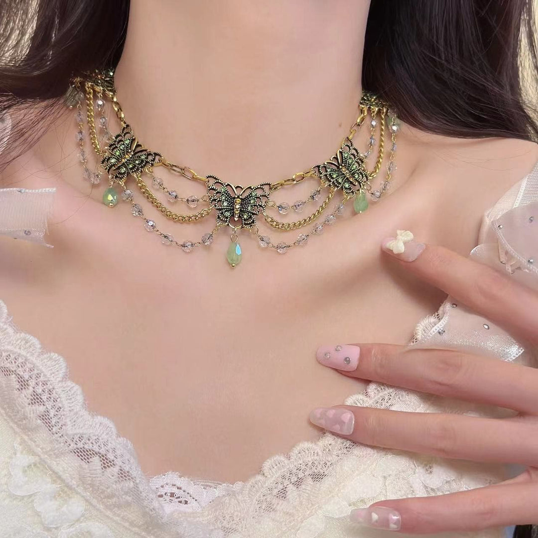 Layered green butterfly pendant choker necklace  | Festival Outfits Women