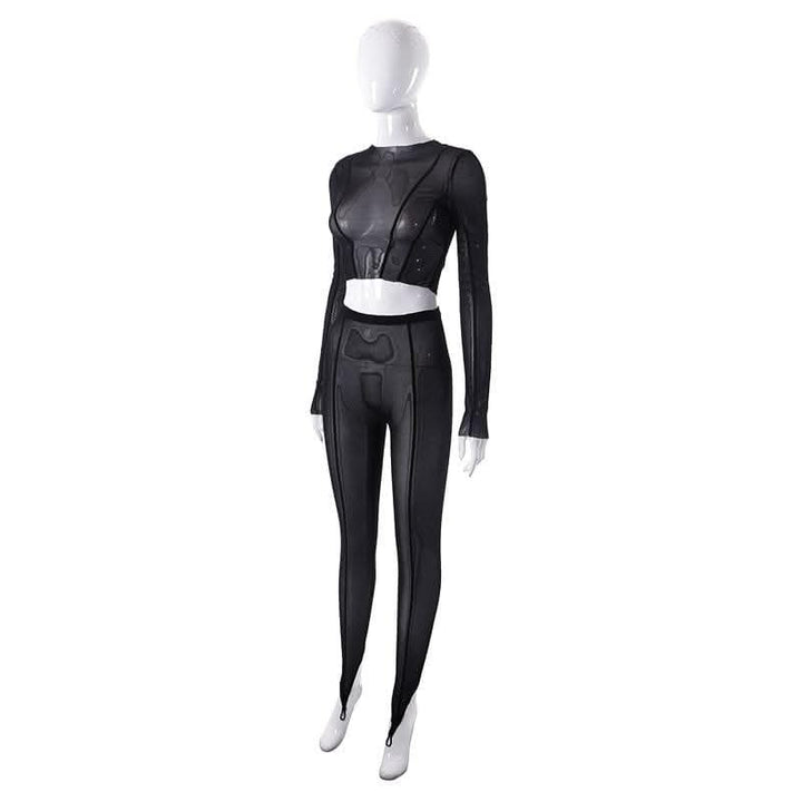 Sheer mesh see through long sleeve solid crewneck pant set-final-sale  | Festival Outfits Women