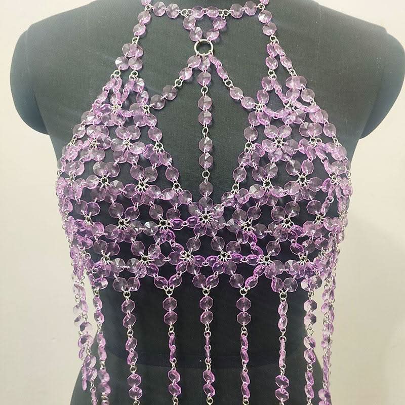 Halter o ring hollow out crystal tassels cut out top  | Festival Outfits Women