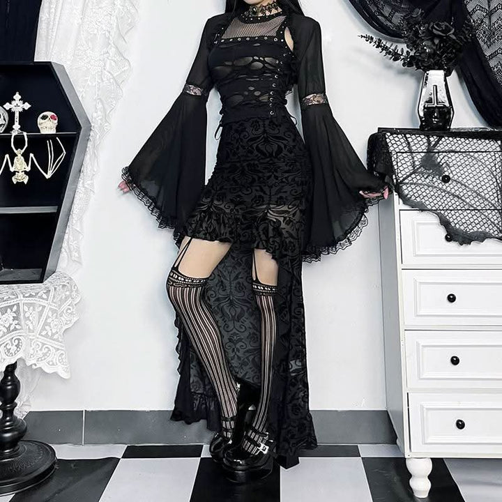 Irregular ruffle ruched print mesh mini skirt  | Festival Outfits Women