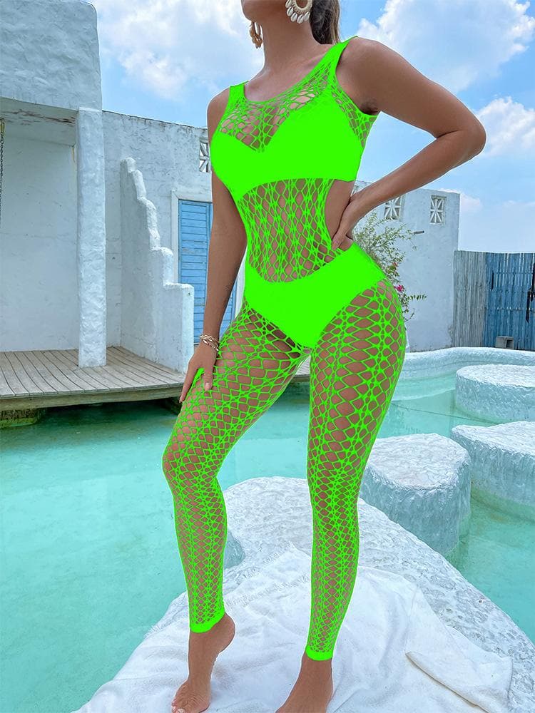 U neck sleeveless hollow out fishnet bodystocking  | Festival Outfits Women