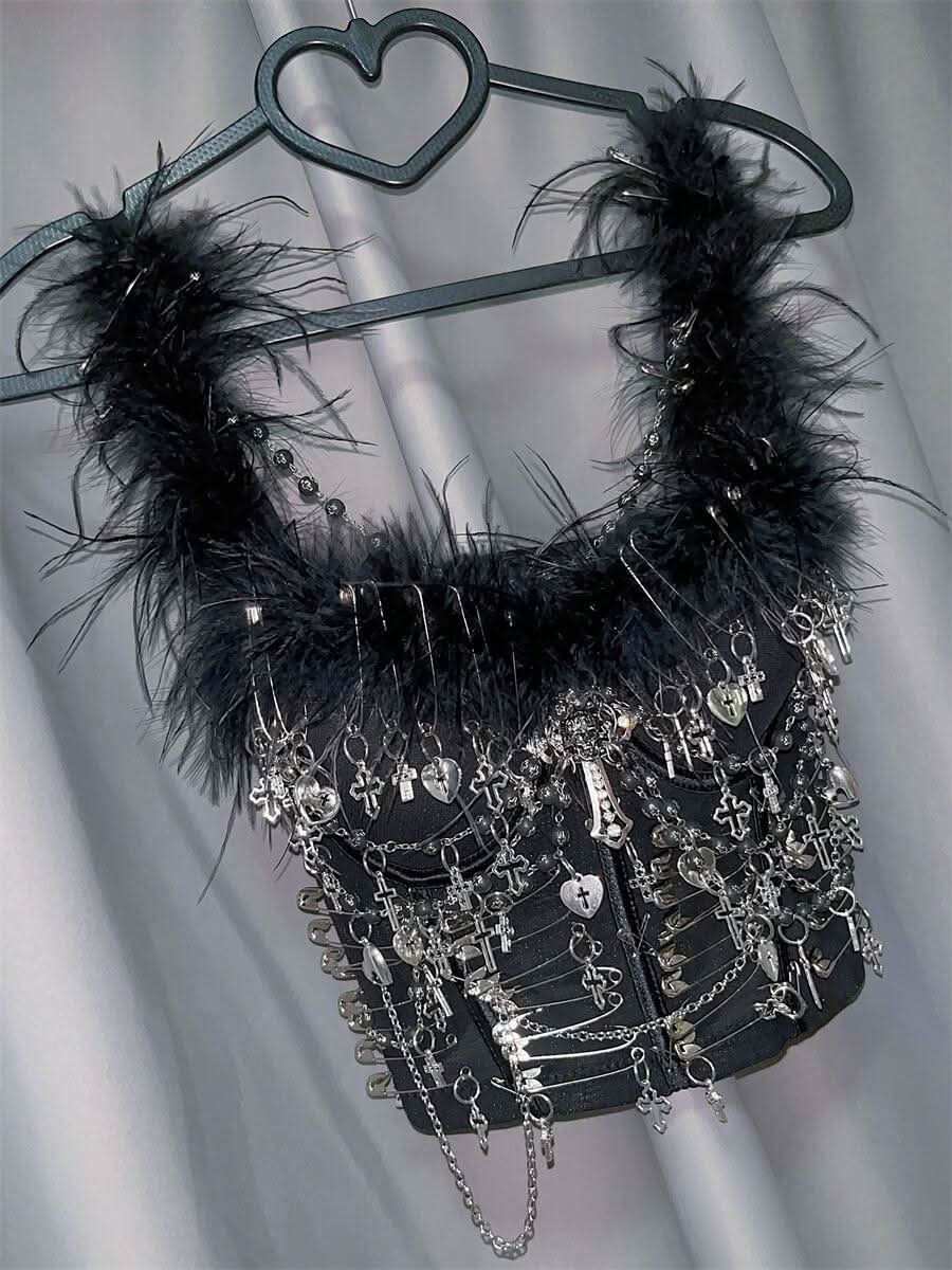 Fluffy beaded metal applique crop top  | Festival Outfits Women