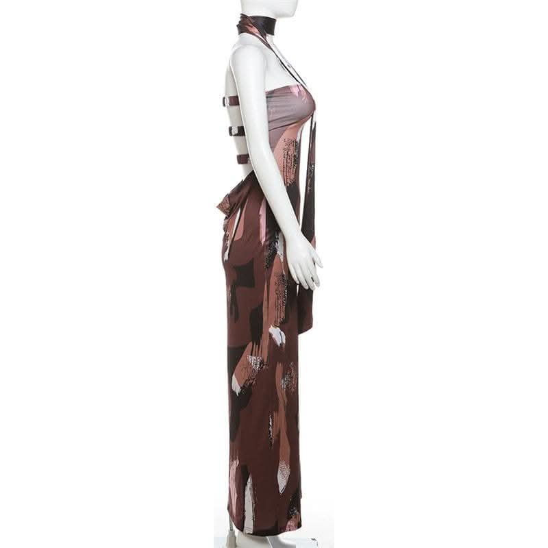 Print ruched backless hollow out tube cut out maxi dress-final-sale  | Festival Outfits Women