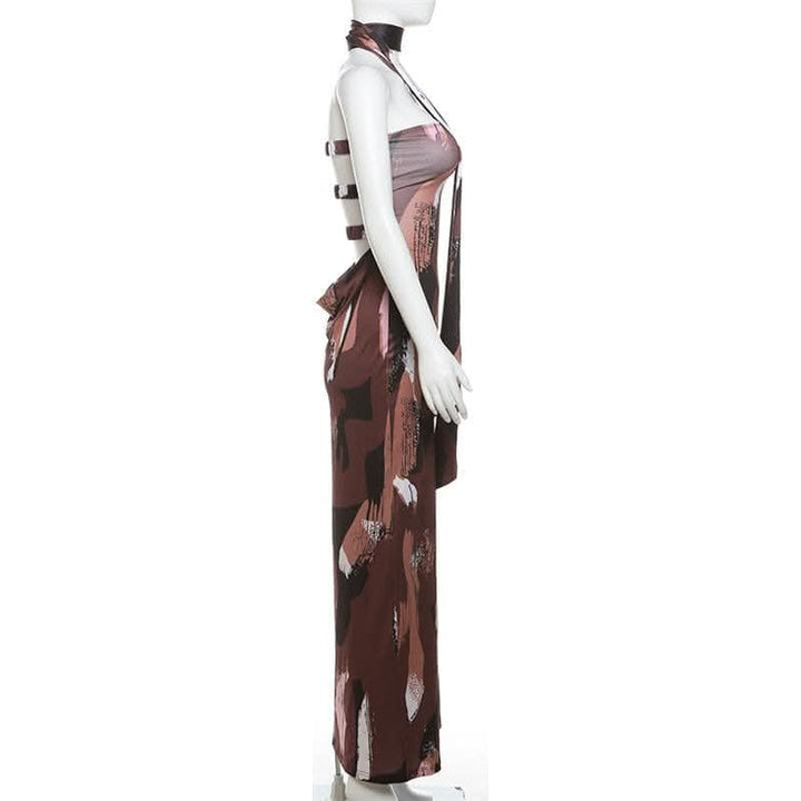 Print ruched backless hollow out tube cut out maxi dress-final-sale  | Festival Outfits Women