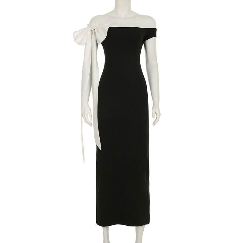 Bowknot off shoulder irregular contrast maxi dress  | Festival Outfits Women