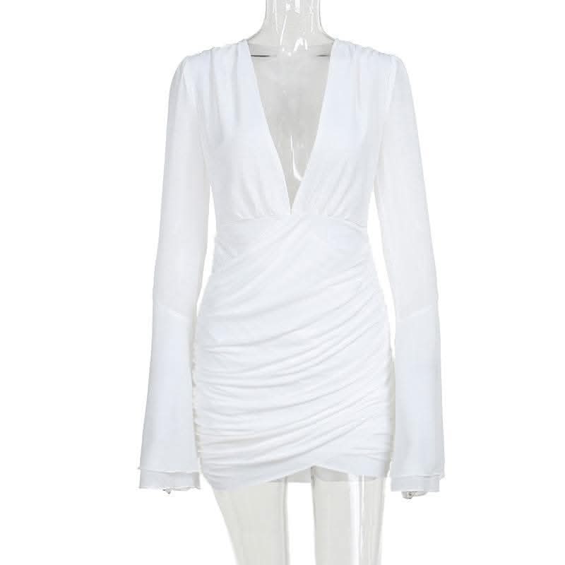 V neck long flared sleeve ruched irregular solid mini dress-final-sale  | Festival Outfits Women