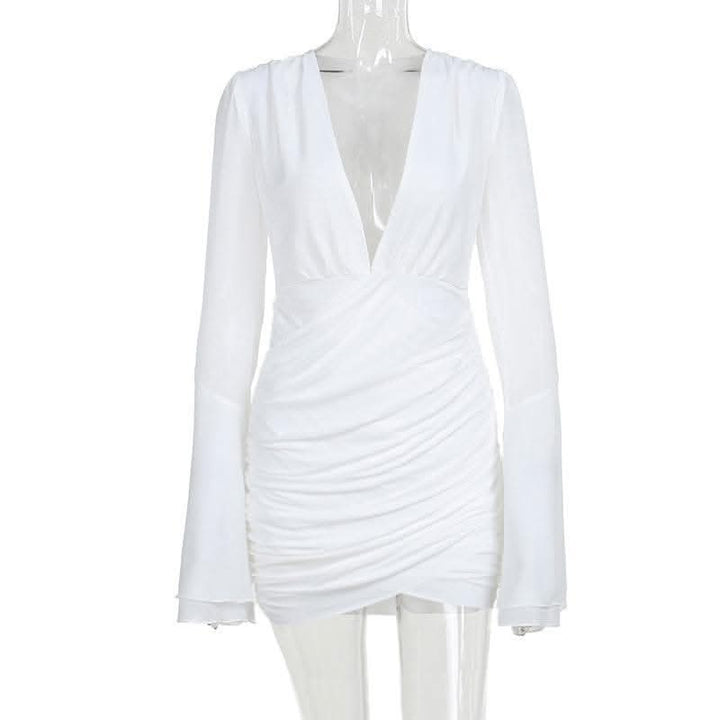 V neck long flared sleeve ruched irregular solid mini dress-final-sale  | Festival Outfits Women
