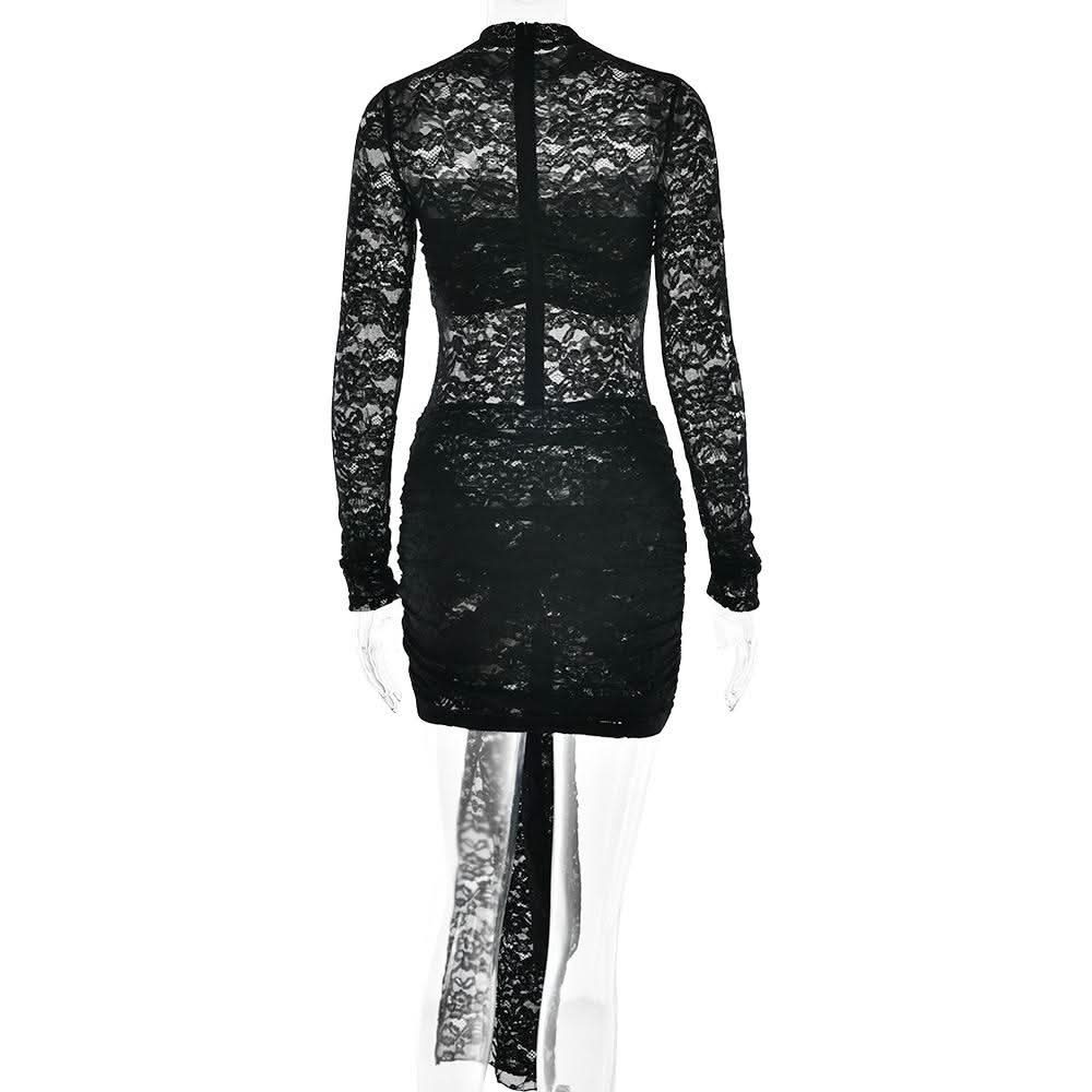 Crewneck long sleeve lace o ring ruched mini dress  | Festival Outfits Women